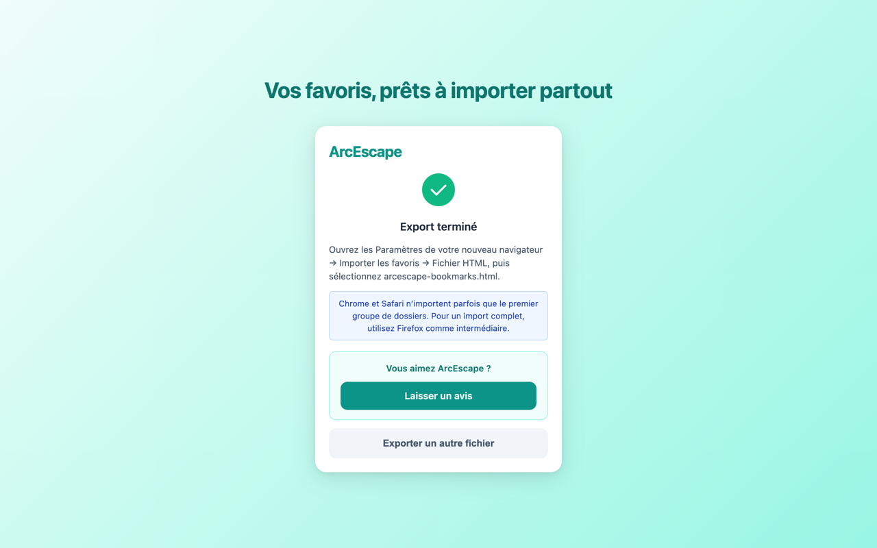 Export termin&eacute; avec instructions d'import