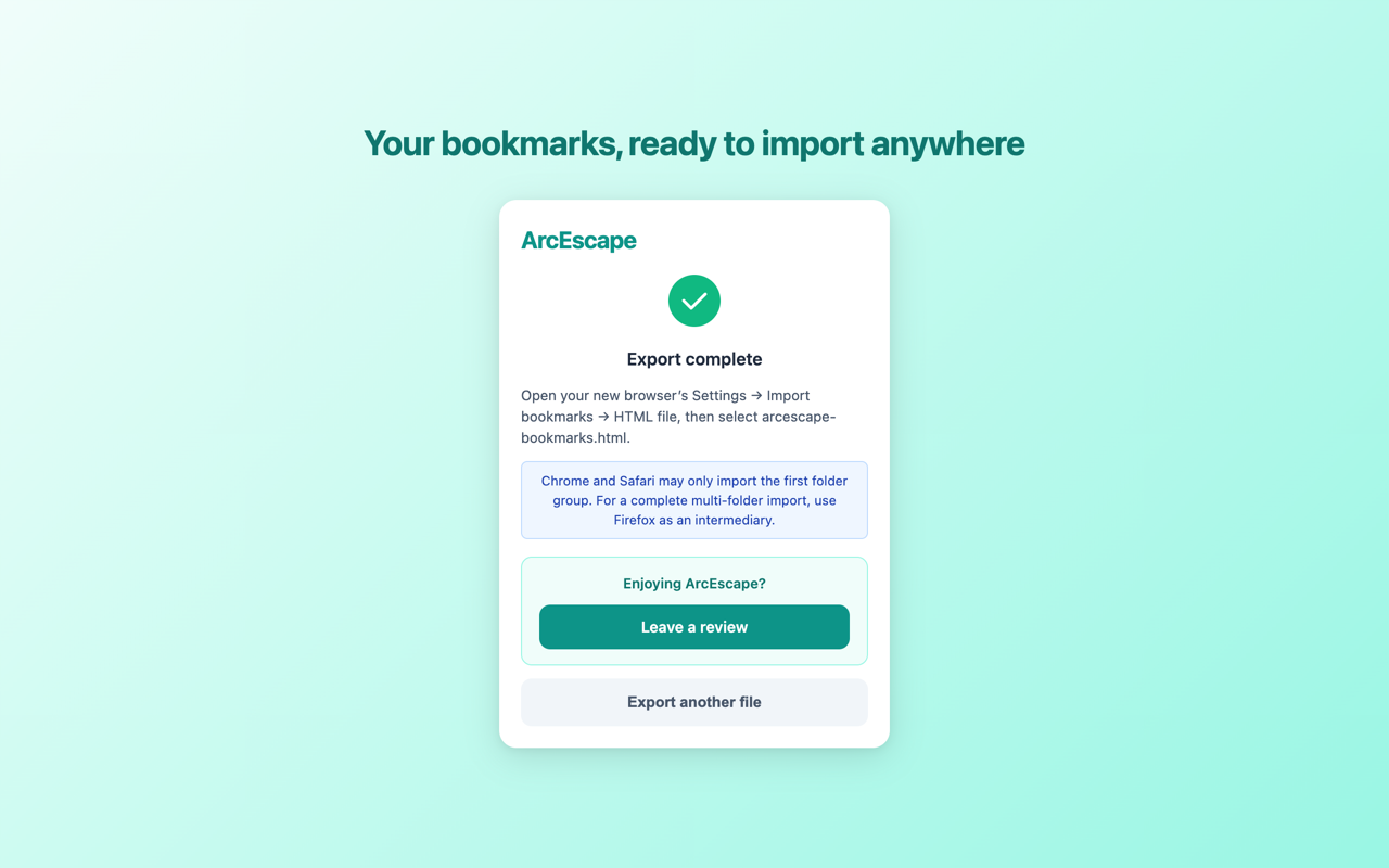 Export complete with import instructions